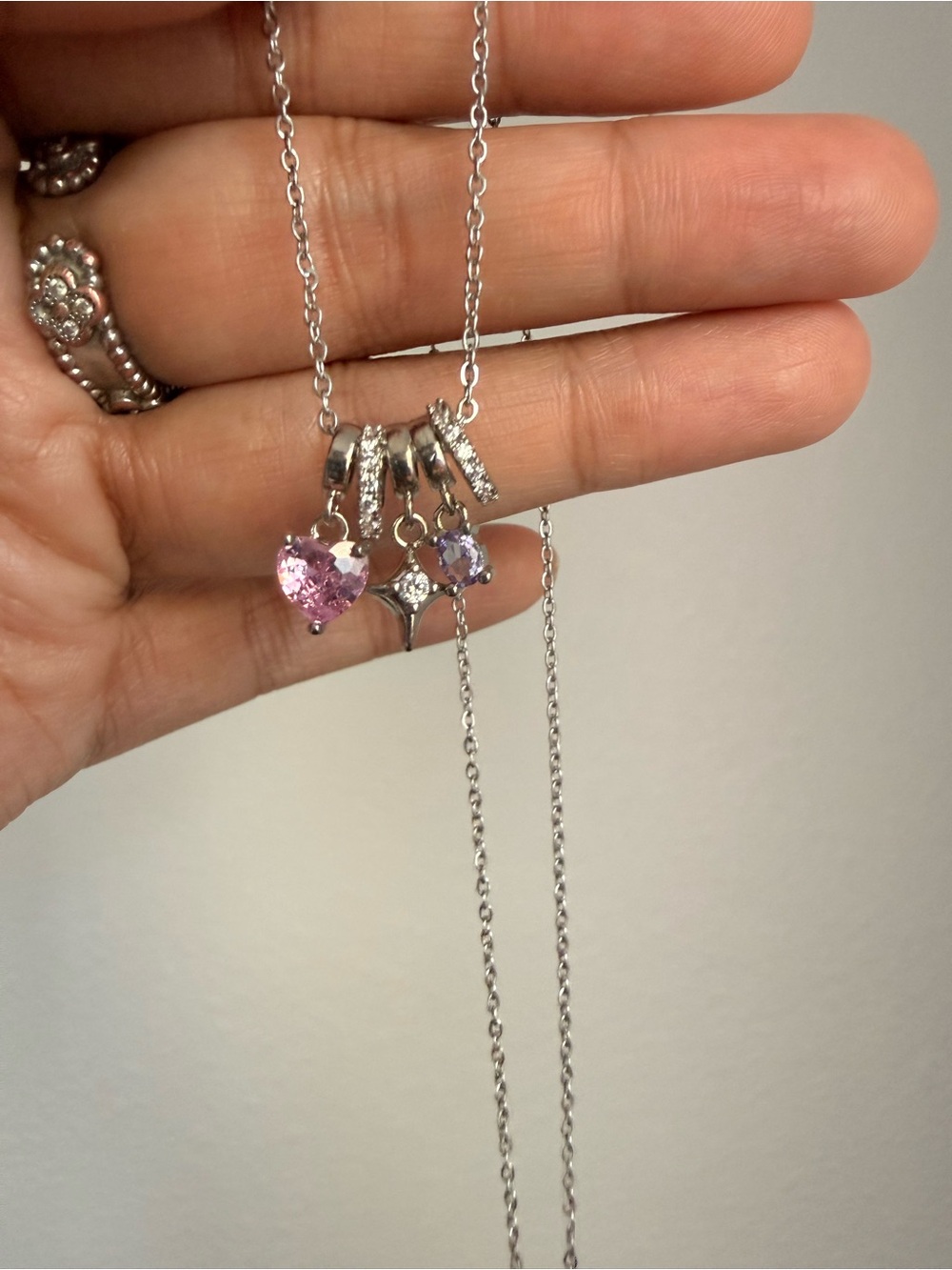 Multi Charm Zircon Necklace Silver Tone Titanium Steel Chain Pink Heart Pendant